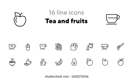 Tea and fruits icons. Set of line icons on white background. Tea, cup, lemon, apple. Food concept. Vector illustration can be used for topics like food market, grocery store