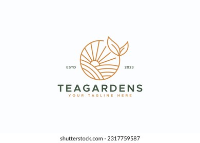 Tea Garden Fresh Field In The Morning with Sunrise Logo Concept