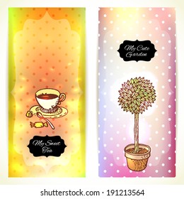 "Tea in the Garden", Set of Two Cute Banners. Vector illustration, eps10.