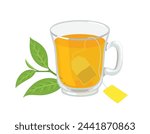 Tea glass cup, tea bag and green tea leaf isolated on white background.  Vector cartoon flat illustration of hot drink.