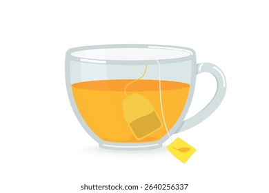 Tea glass cup, tea bag and green tea isolated on white background. Vector cartoon flat illustration of hot drink