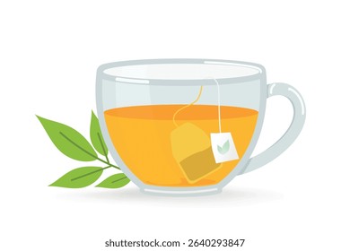 Tea glass cup with tea bag and green tea. Hot drink in vector cartoon flat style. Isolated on white background. Perfect for beverage, cafe, relaxation, and healthy lifestyle designs