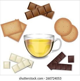 Tea in glass cup with different sweets.