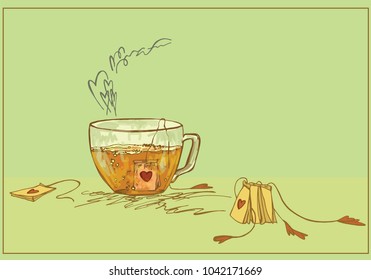Tea in a glass cup with hearts on tea bags. A sketch of a cup of tea with a romantic mood. 