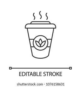 Tea to go linear icon. Thin line illustration. Detox drink. Disposable tea cup with lid. Contour symbol. Vector isolated outline illustration. Editable stroke