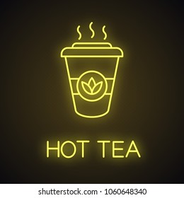 Tea to go neon light icon. Detox drink. Disposable tea cup with lid. Cafe glowing sign. Vector isolated illustration