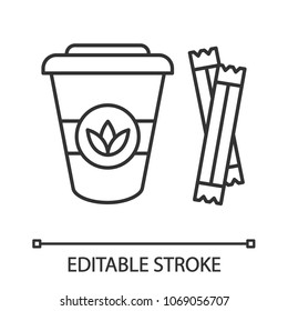 Tea to go with sugar sachets linear icon. Thin line illustration. Disposable tea cup with lid. Contour symbol. Vector isolated outline illustration. Editable stroke
