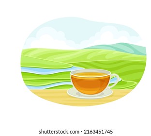 Tea Green Terrace Field Plantation and Glass Cup with Hot Aromatic Beverage Brewing Vector Illustration