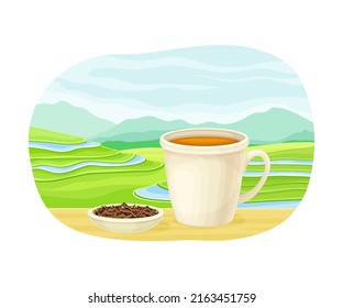 Tea Green Terrace Field Plantation and Ceramic Mug with Hot Aromatic Beverage Brewing Vector Illustration