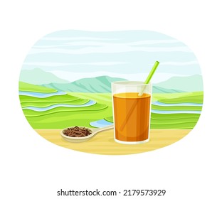 Tea Green Terrace Field Plantation and Glass with Hot Aromatic Beverage Brewing Vector Illustration
