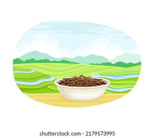 Tea Green Terrace Field Plantation and Dry Fermented Tea Leaves in Bowl for Hot Aromatic Beverage Brewing Vector Illustration