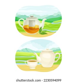 Tea Green Terrace Field Plantation with Cup and Teapot with Hot Aromatic Beverage Vector Set