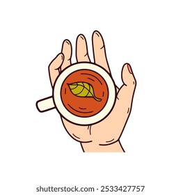 Tea in hand doodle color illustration. Cozy tea ceremony icon. Hot drink, leaves. Autumn element. Vector doodle illustration.