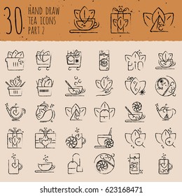 Tea hand draw icon set - cup, bag, kettle with spices and lemons, drawned with brushes
