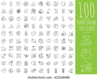 Tea hand draw icon set - cup, bag, kettle with spices and lemons, drawned with brushes