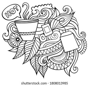 Tea hand drawn cartoon doodles illustration. Funny design. Creative art vector background. Beverage symbols, elements and objects. Sketchy composition