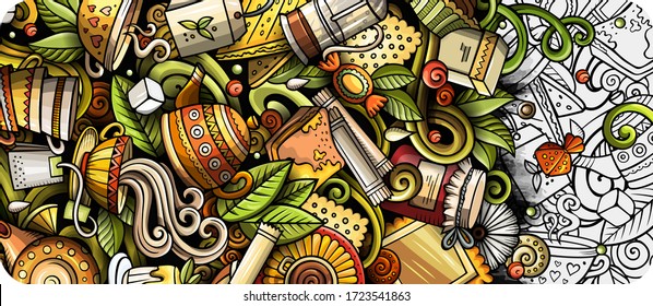 Tea hand drawn doodle banner. Cartoon detailed flyer. Beverage identity with objects and symbols. Color vector design elements background