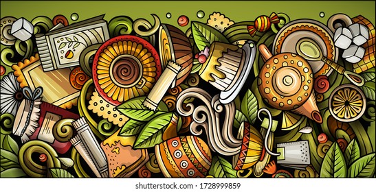 Tea hand drawn doodle banner. Cartoon detailed flyer. Beverage identity with objects and symbols. Color vector design elements background