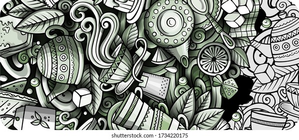 Tea hand drawn doodle banner. Cartoon detailed flyer. Beverage identity with objects and symbols. Monochrome vector design elements background