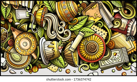 Tea hand drawn doodle banner. Cartoon detailed flyer. Beverage identity with objects and symbols. Color vector design elements background