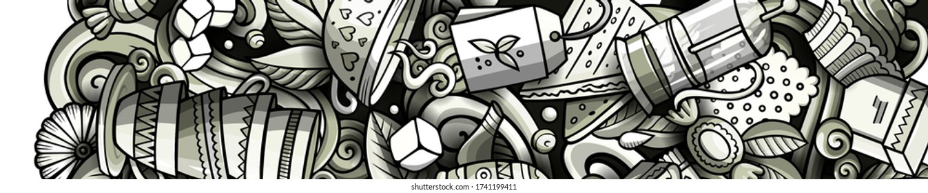 Tea hand drawn doodle banner. Cartoon detailed flyer. Beverage identity with objects and symbols. Monochrome vector design elements background