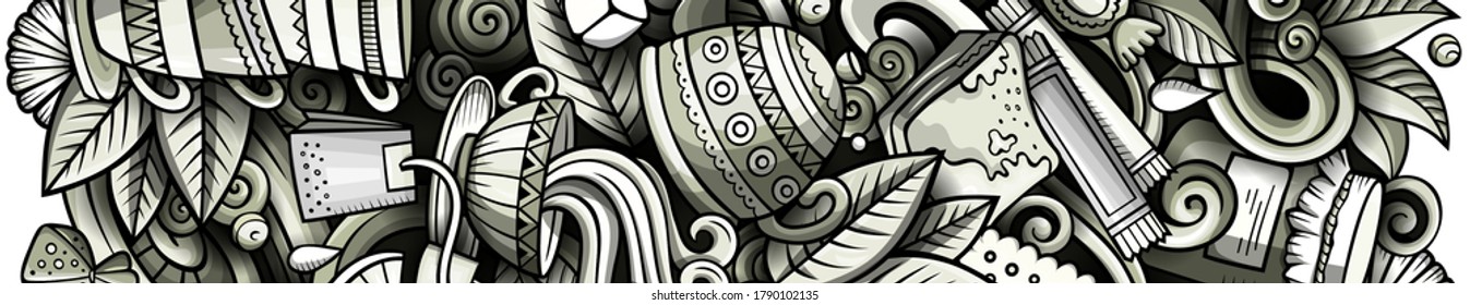 Tea hand drawn doodle banner. Cartoon detailed flyer. Beverage identity with objects and symbols. Monochrome vector design elements background