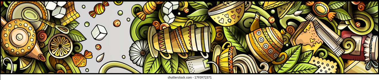 Cartel del doodle dibujado a mano con té. Caricatura detallada. Identidad de bebida con objetos y símbolos. Fondo de los elementos de diseño del vector de color
