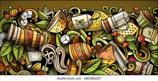 Tea hand drawn doodle banner. Cartoon detailed flyer. Beverage identity with objects and symbols. Color vector design elements background