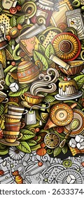 Bandeira de rabiscar desenhada à mão de chá. Folheto detalhado do desenho animado. Identidade da bebida com objetos e símbolos. Plano de fundo dos elementos de design do vetor de cores