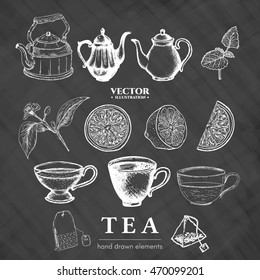 Tea hand drawn elements, tea collection template on chalkboard 