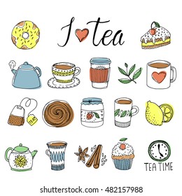 Tea hand drawn elements set with green leaves and spices cups and pots sweets isolated vector illustration