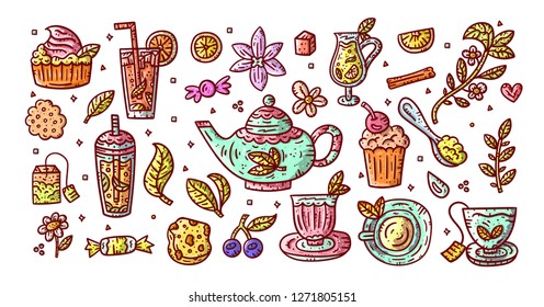 Tea hand drawn illustration. Vector element collection. Doodle style set