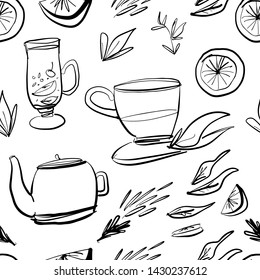Tea hand drawn illustration for your design:banners, menu, posters. Seamless pattern