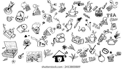 Tea hand drawn ink vector set. Teapot, tea bags chamomile, ginger, citrus peel, hibiscus, cinnamon, fennel, matcha, chai