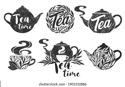 Tea hand drawn logo collection with black teapots, cups, leaves, branches and letterings isolated on white background. Natural organic design concept for label, emblem, packaging