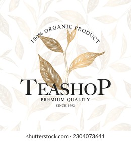 Tea hand drawn logo with golden tea branch and leaves isolated on gold leaves pattern background. Natural organic food concept for emblem, packaging, label