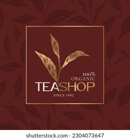 Tea hand drawn logo with golden tea branch and leaves isolated on red leaves pattern background. Natural organic food concept for emblem, packaging, label