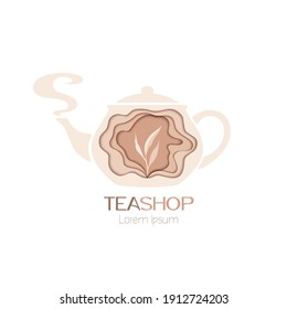 Teegezeichnet Logo mit Teekanne und Blatt in Pastellfarben einzeln auf weißem Hintergrund. Natürliches ökologisches Konstruktionskonzept für Etiketten, Embleme, Verpackungen