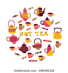 Tea Hand Drawn Vector Symbols. Set of Different Cups, Pots and Candy on White Background.