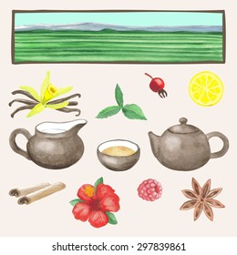 Tea hand drawn watercolour set. Vector illustration,  design elements for poster, banners, cards, web design, backgrounds