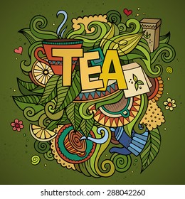 Tea hand lettering and doodles elements background. Vector illustration