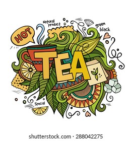 Tea hand lettering and doodles elements background. Vector illustration