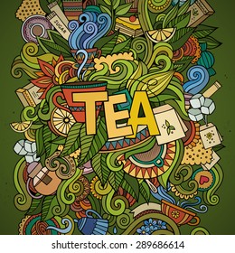 Tea hand lettering and doodles elements background. Vector illustration