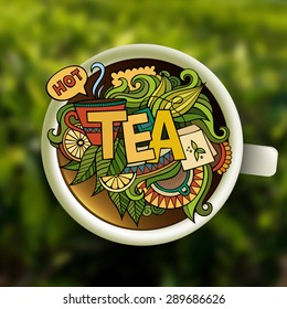 Tea hand lettering and doodles elements illustration. Vector blurred tea plantation background