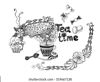 Tea hand lettering and doodles elements background. Vector illustration