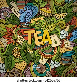 Tea hand lettering and doodles elements background. Vector illustration