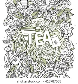 Tea hand lettering and doodles elements background. Vector illustration