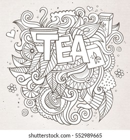 Tea hand lettering and doodles elements background. Vector sketchy illustration