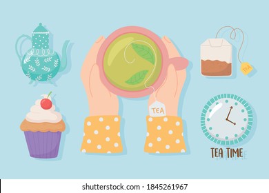 tea, hands with teacup kettle cupcake teabag clock beverage vector illustration