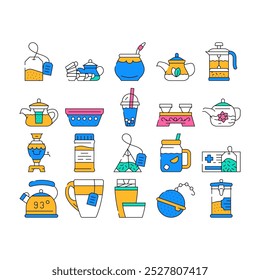 Tea Healthy Drink Collection Icons Set Vector. Ceremony Table And Dish For Drinking Healthcare Tea, Teapot And Cup, Bag And Mesh Of Beverage color Contour Illustrations